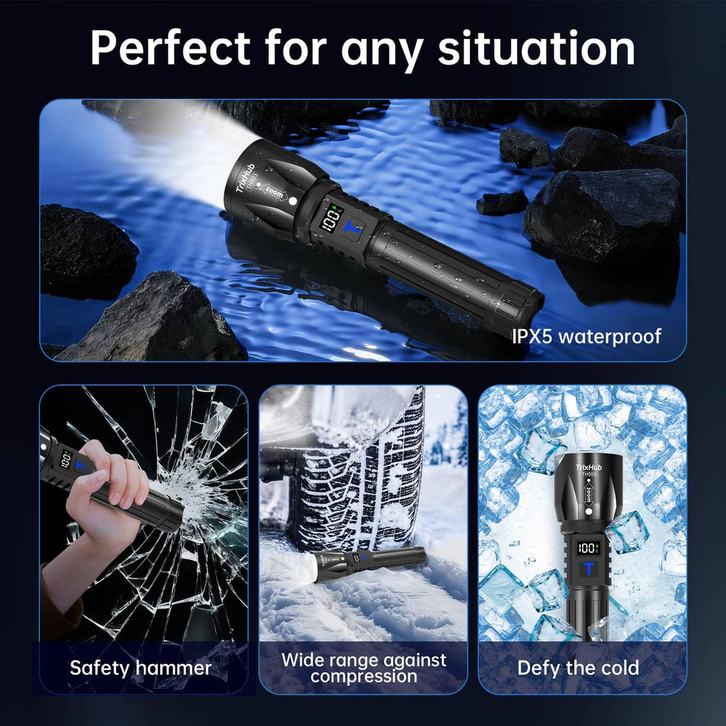 Black waterproof rechargeable flashlight with bright beam over wet rocks