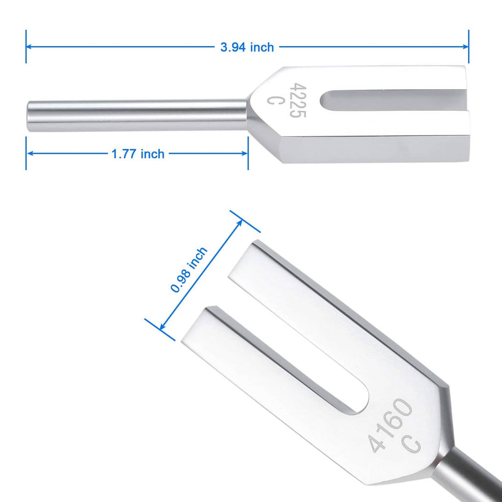 Close-up tuning fork heads with engravings 4096 and 4160, showing size measurements