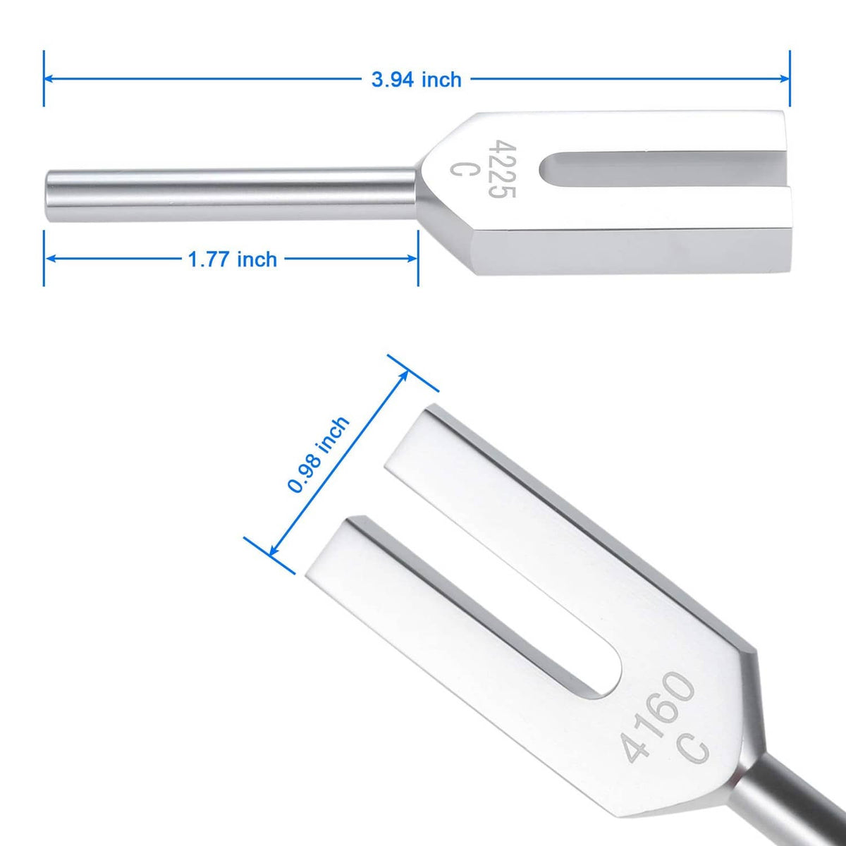 Close-up tuning fork heads with engravings 4096 and 4160, showing size measurements