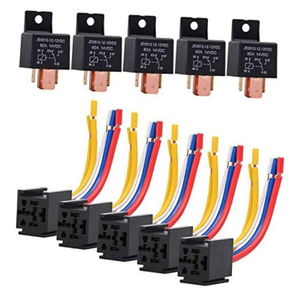 Five-pack 12V 5-pin automotive relay with wiring harness and blade terminals