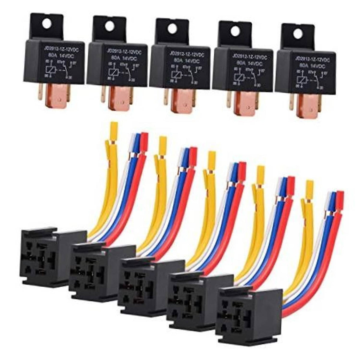 Five-pack 12V 5-pin automotive relay with wiring harness and blade terminals