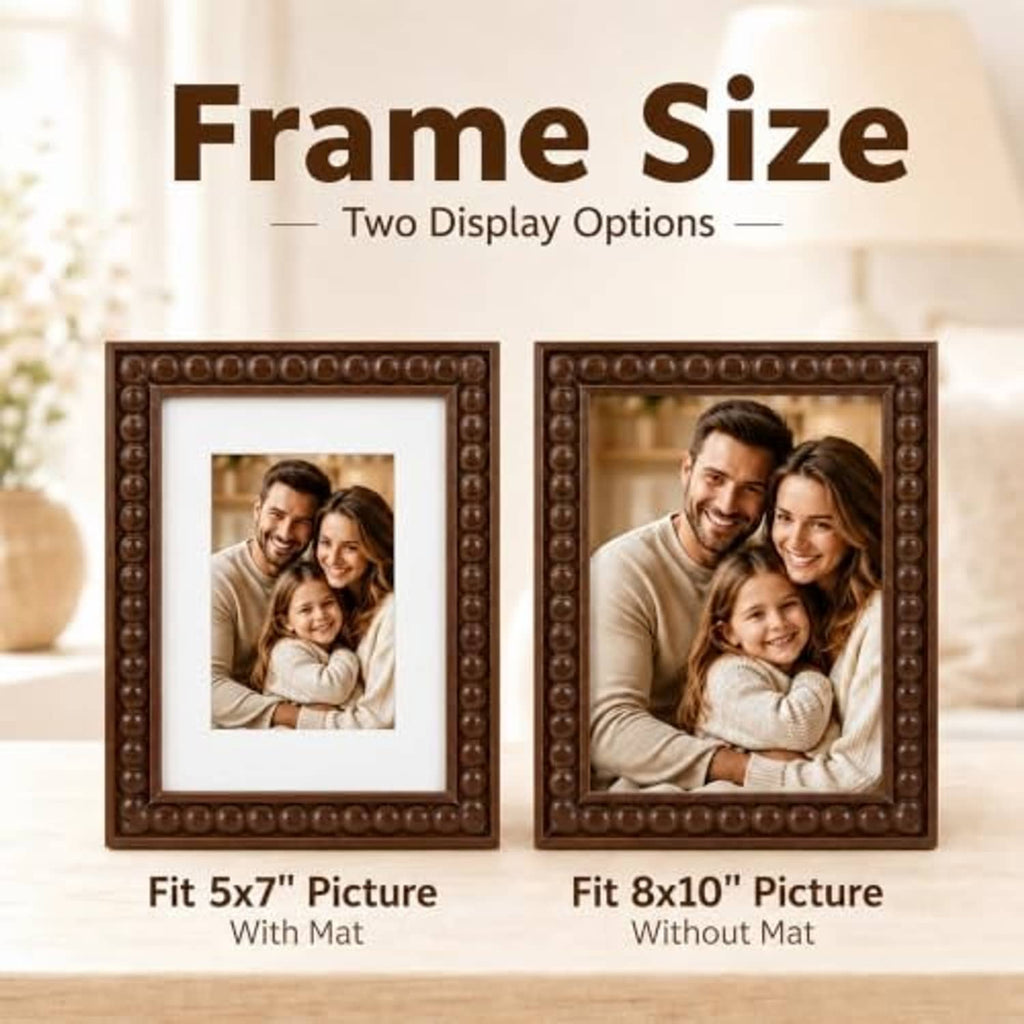 Brown beaded wood picture frame showing both 5x7 with mat and 8x10 without mat layouts