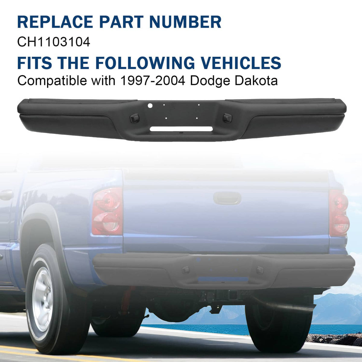 Black rear step bumper with license plate opening and bolt-mounting holes