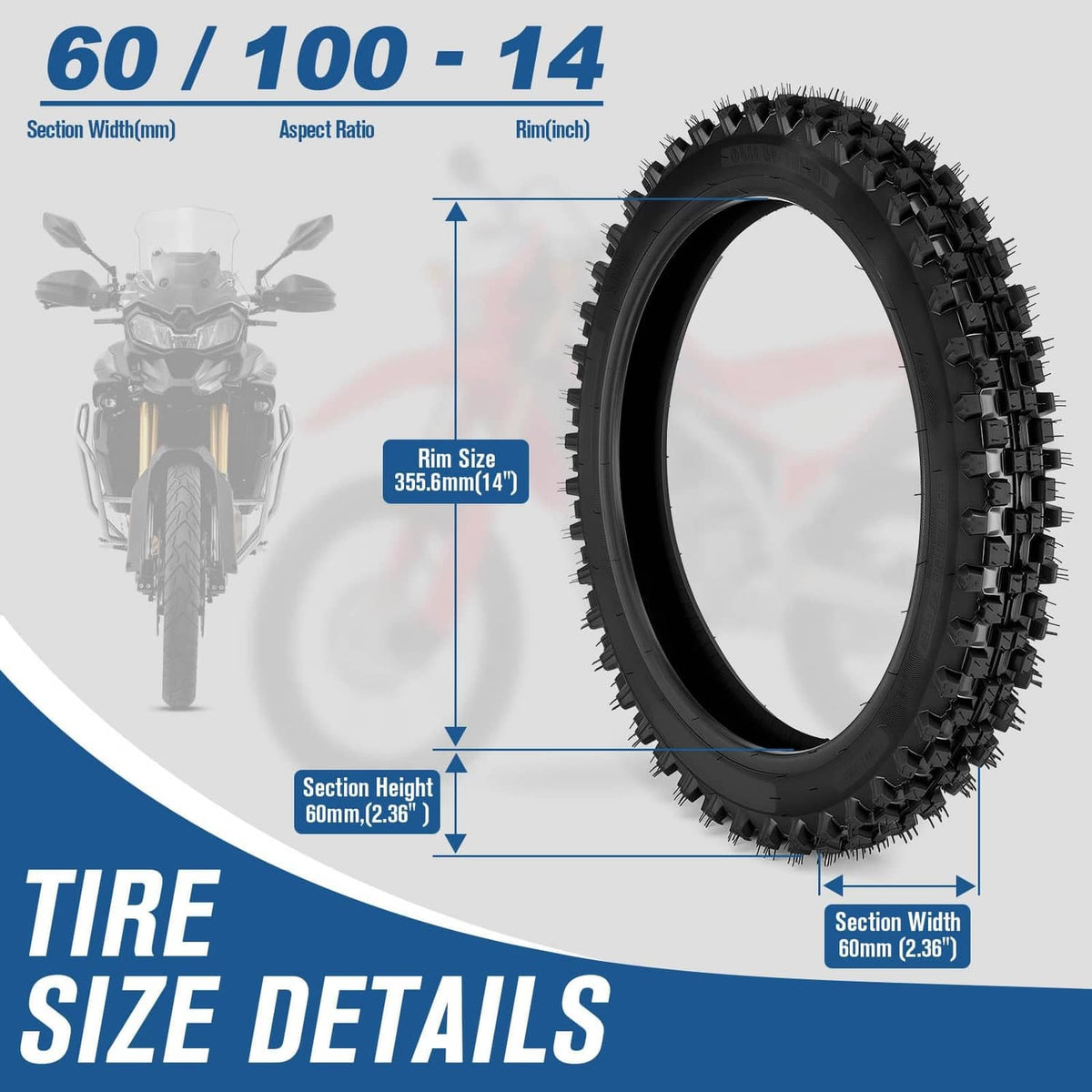 Black dirt bike front tire with size diagram for 60/100-14