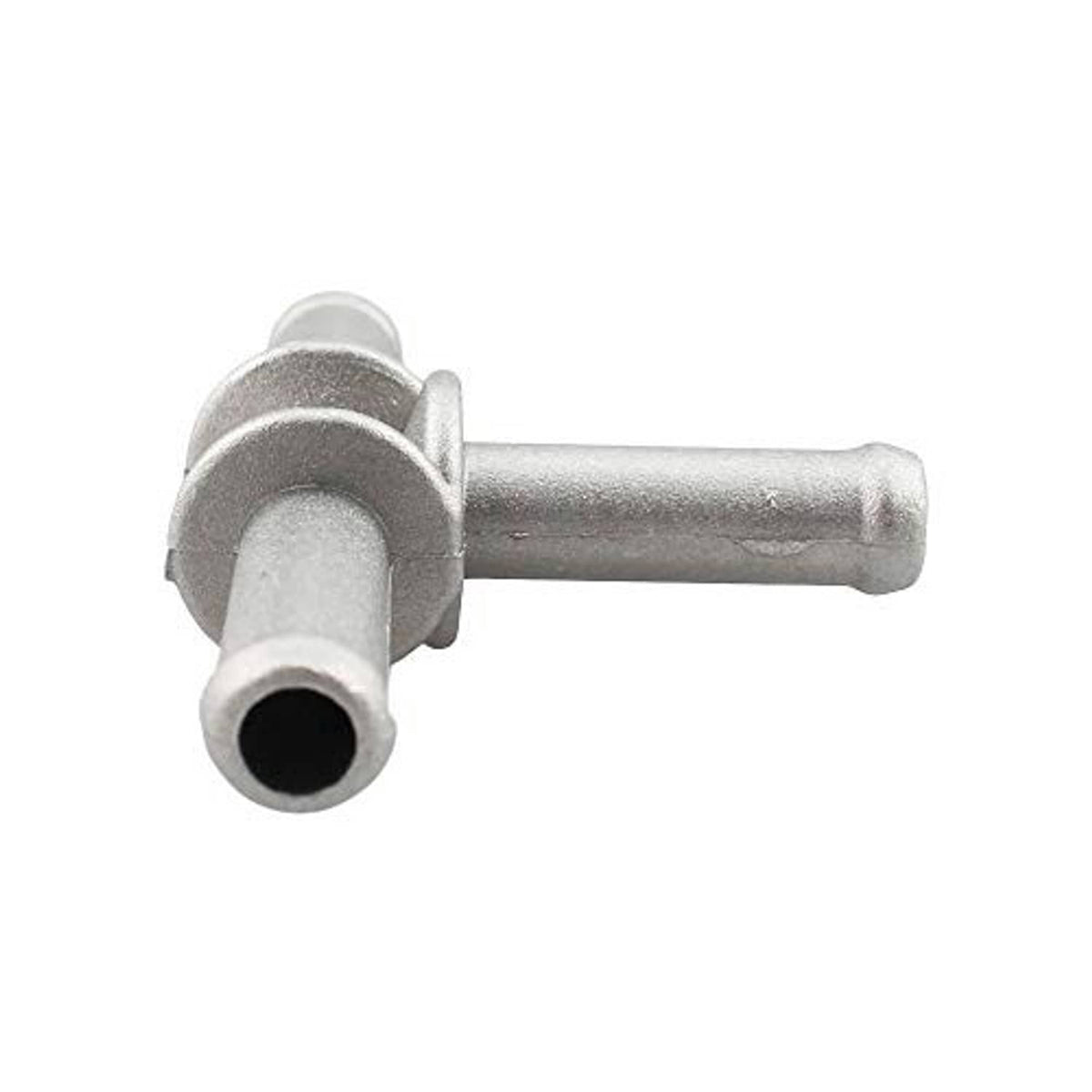 Aluminum coolant hose T-fitting coupler, side view with open barbed port and clamp
