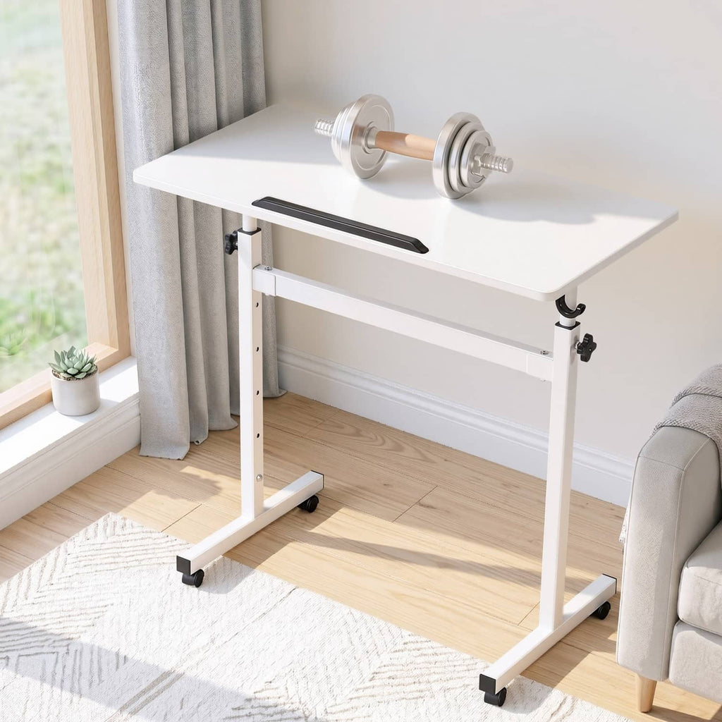 White standing desk with tilting desktop, lift column, and caster feet for movement