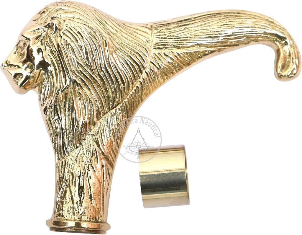 Close-up brass lion-head handle on black wooden walking stick with gold collar