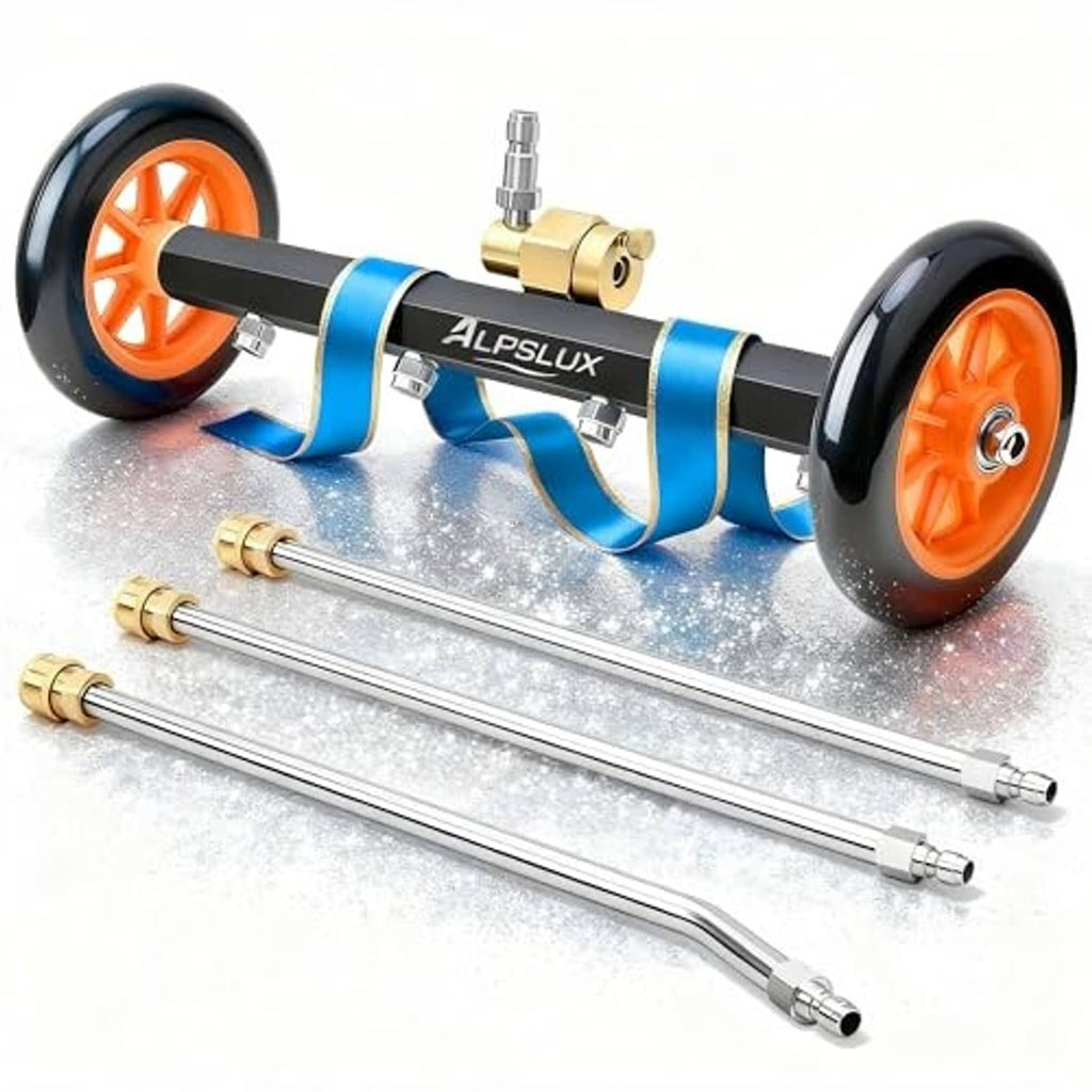 Undercarriage pressure washer accessory with black frame, orange wheels, and three nozzles