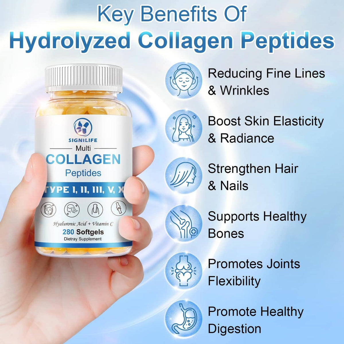 Hand holding SIGNILIFE collagen peptides bottle with key benefits icons