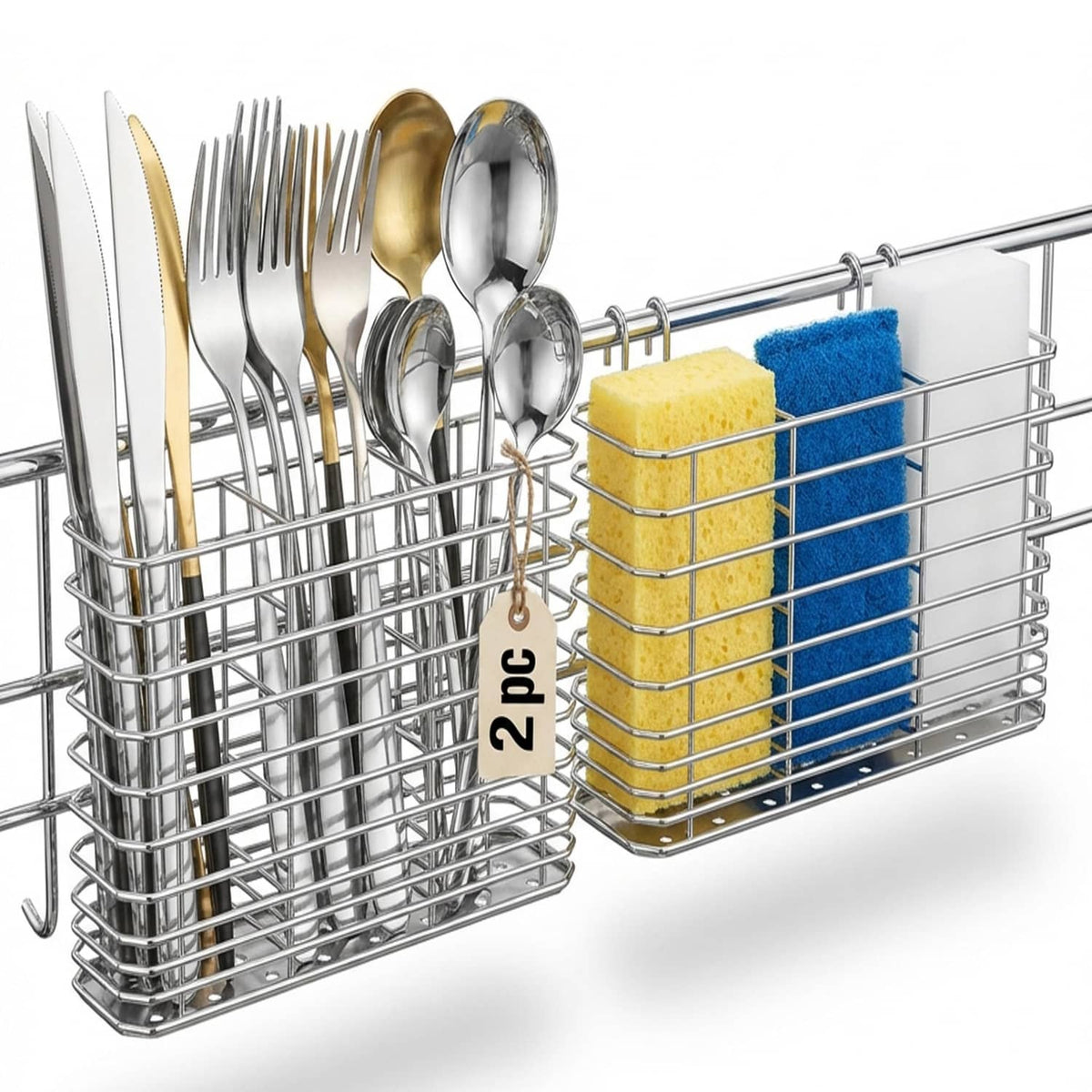 Stainless steel 2-piece utensil drying rack with forks and spoons in holders