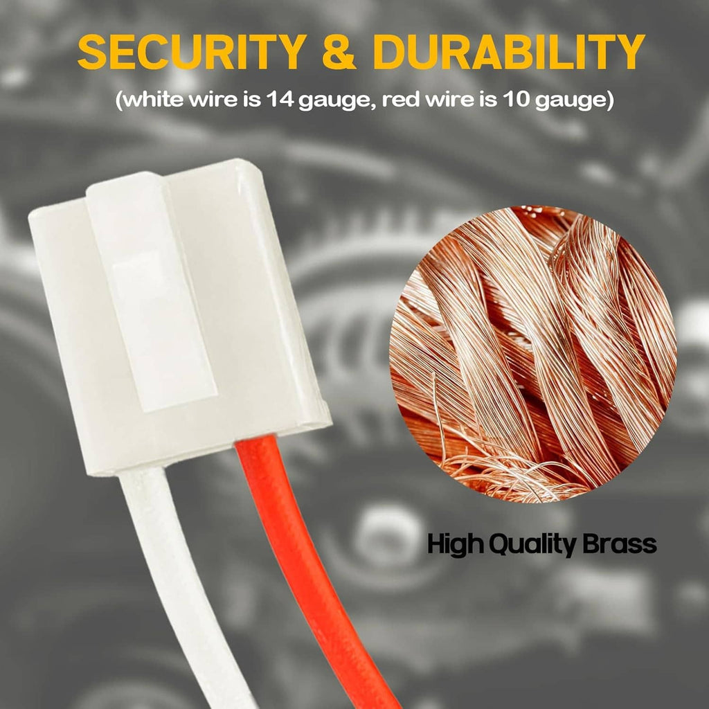 White plastic alternator pigtail connector with red and white wires, brass contact ends