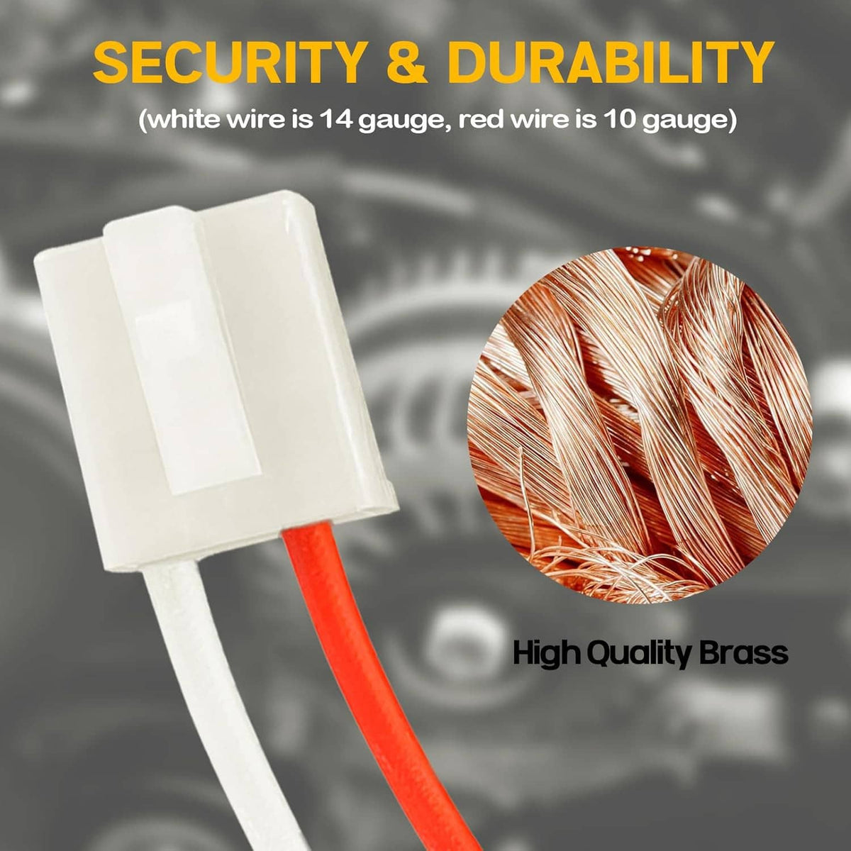 White plastic alternator pigtail connector with red and white wires, brass contact ends