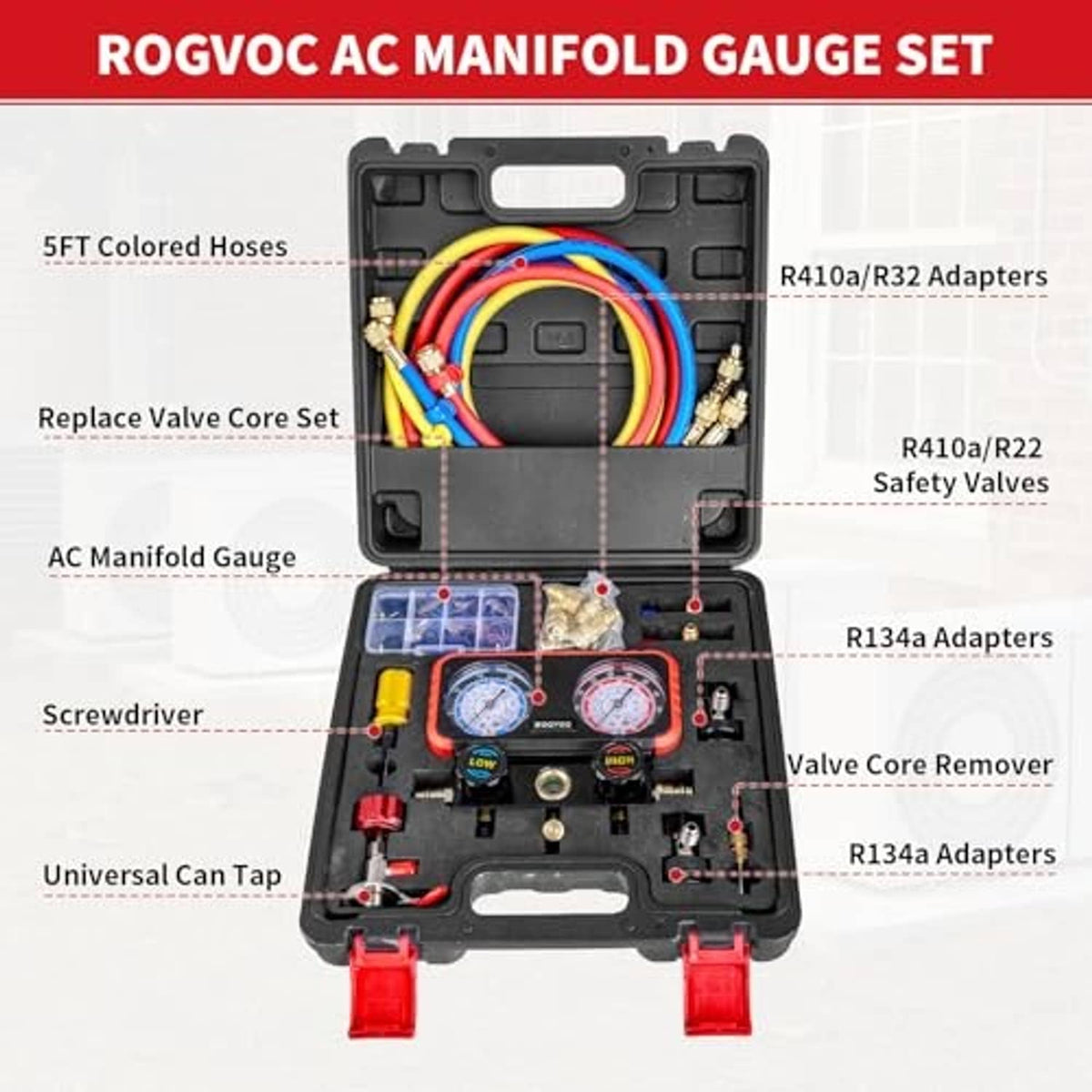 AC manifold gauge set in black case with dual dials and colorful hose lines