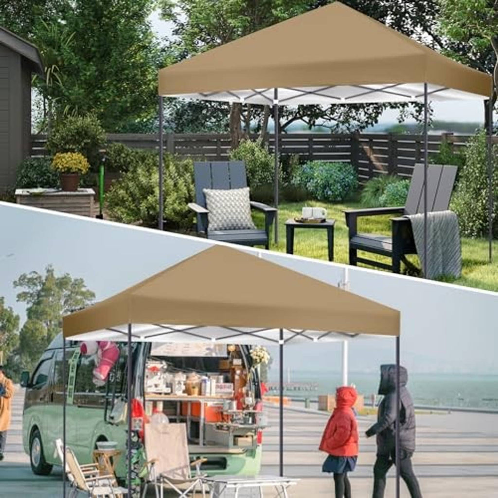 Khaki canopy top cover on pop-up frame, peaked roof in outdoor yard