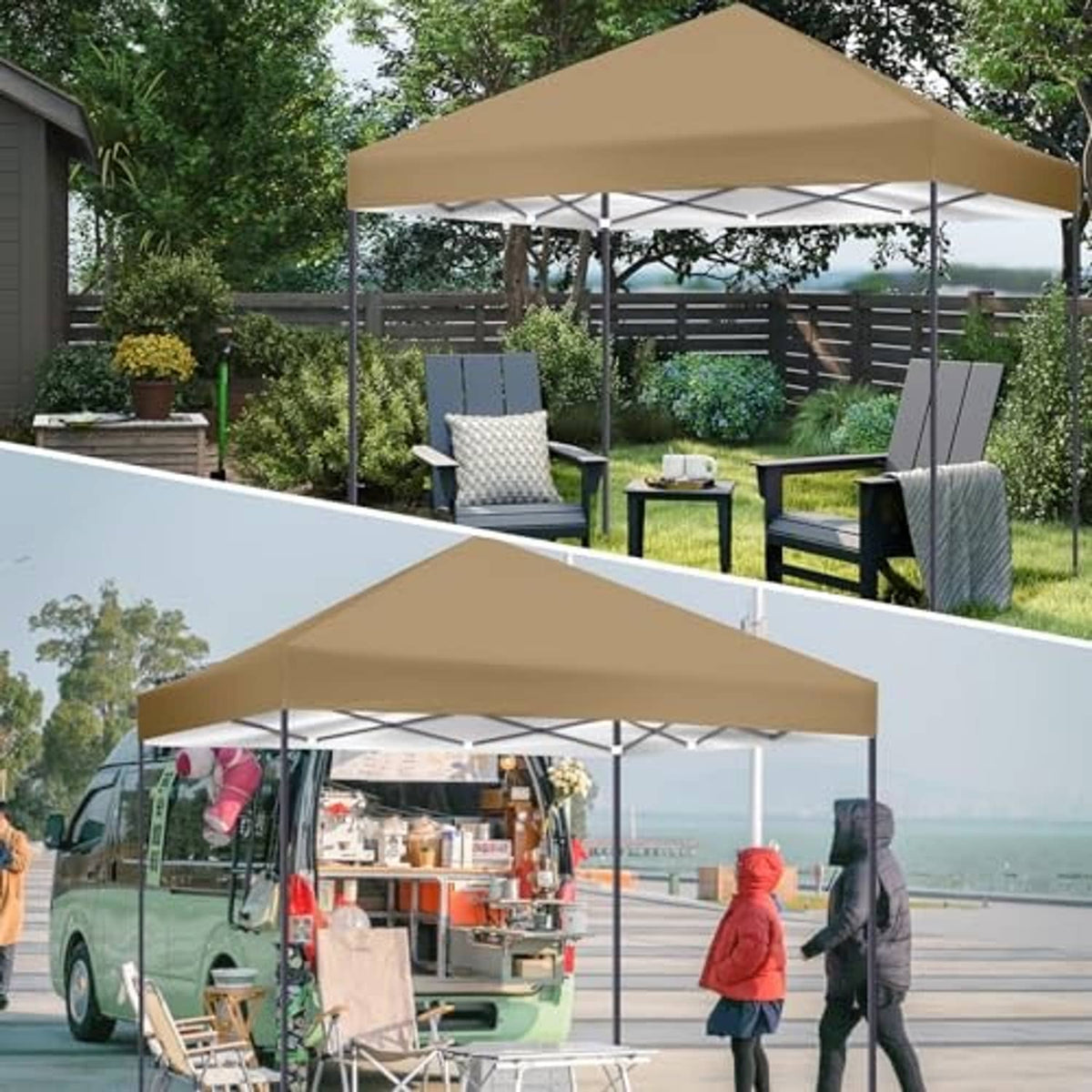 Khaki canopy top cover on pop-up frame, peaked roof in outdoor yard