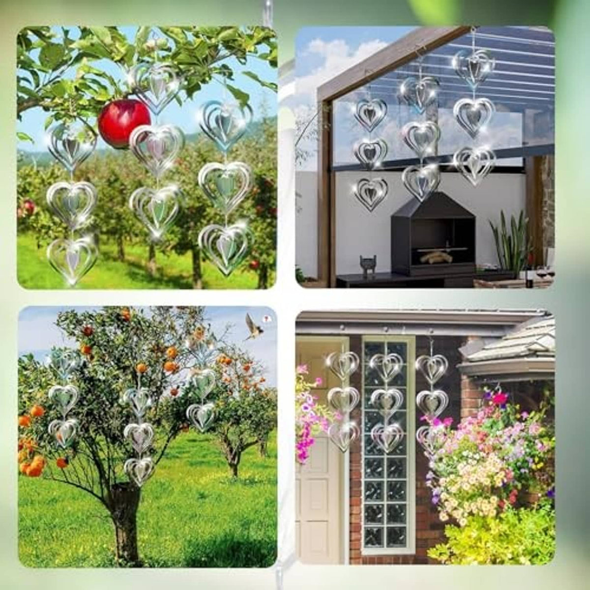 Set of stainless steel heart wind spinners with hanging mirrored hearts for garden and porch
