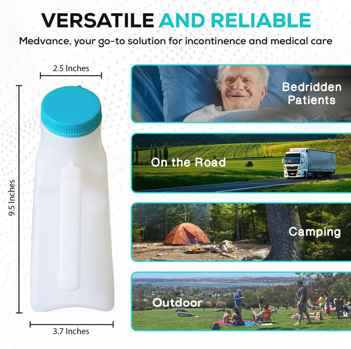 Compact portable urinal bottle with teal cap, shown with size dimensions