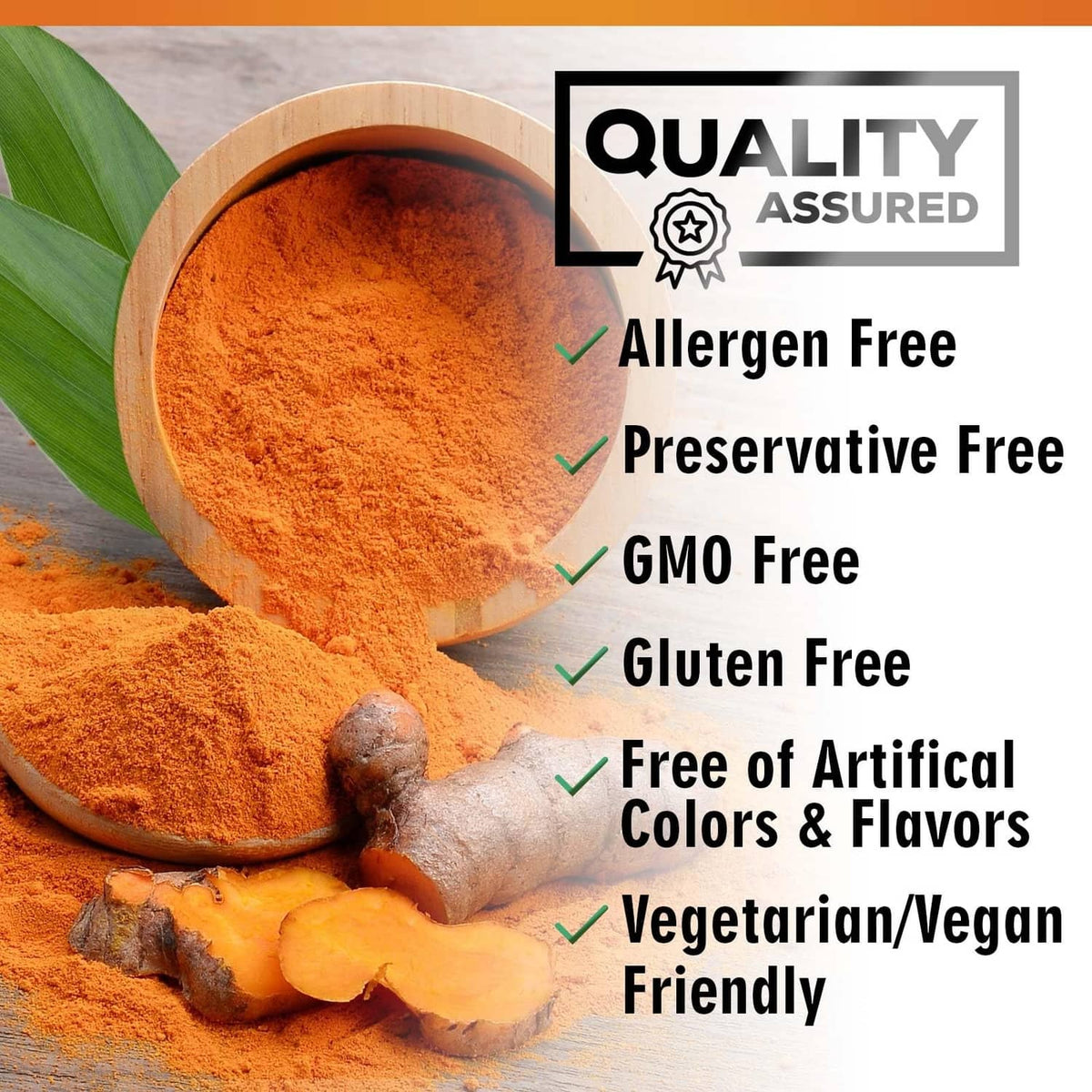 Turmeric curcumin supplement quality claims: allergen free, preservative free, GMO free