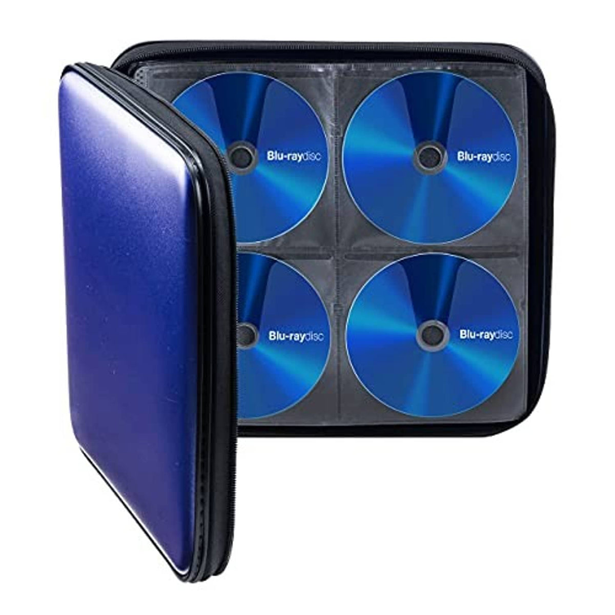 Blue CD storage case open showing four clear disc sleeves