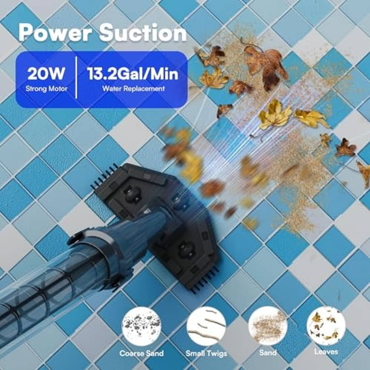 Handheld pool vacuum floor head lifting leaves and sand from pool surface