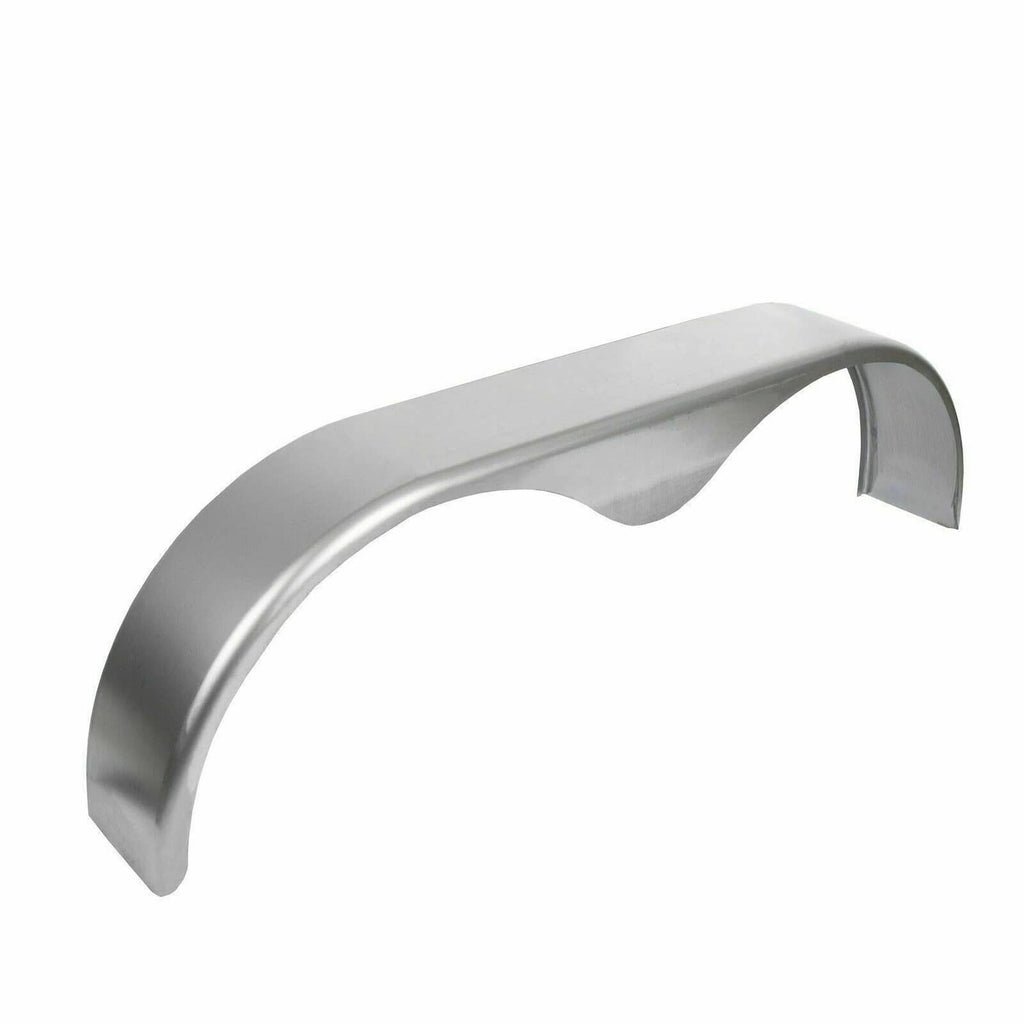 Silver metal teardrop trailer fender, curved wheel-arch style for enclosed trailers