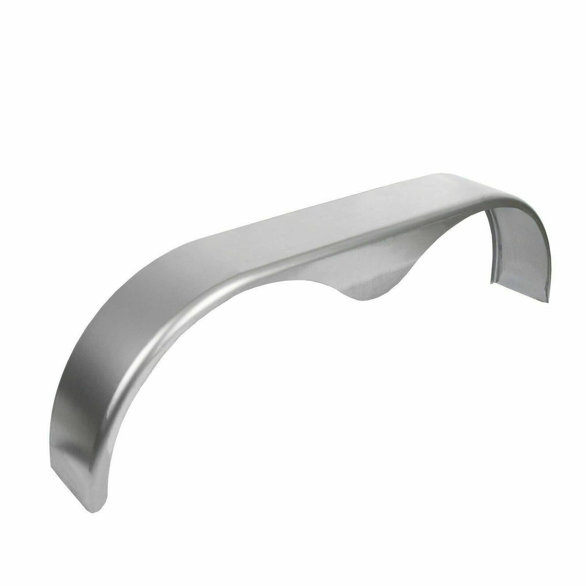 Silver metal teardrop trailer fender, curved wheel-arch style for enclosed trailers