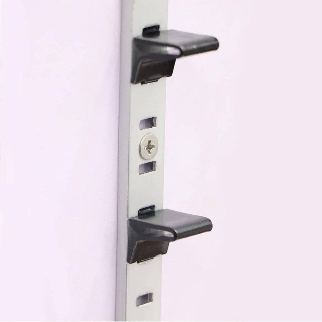 Black steel shelf bracket clips mounted on metal rail with screws