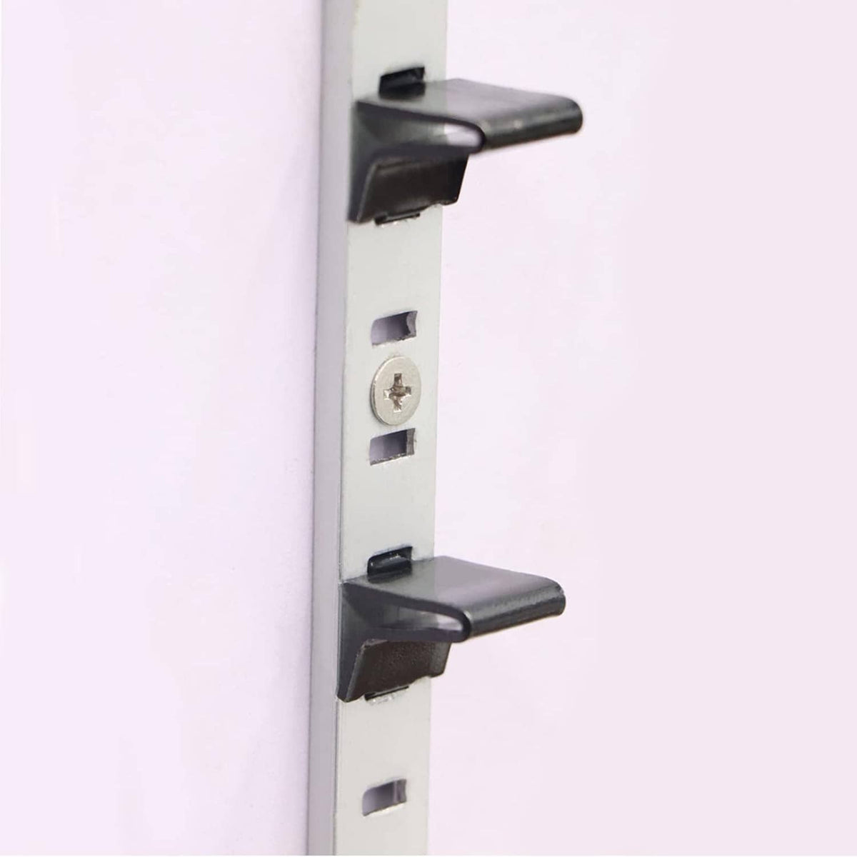 Black steel shelf bracket clips mounted on metal rail with screws