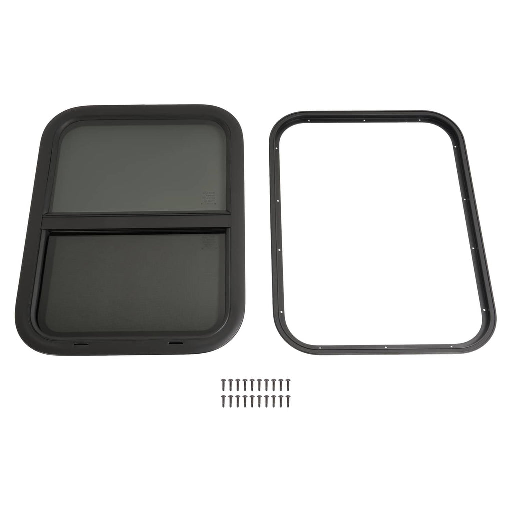RV slider window set: dark tinted panel and clear frame cover, black trim.