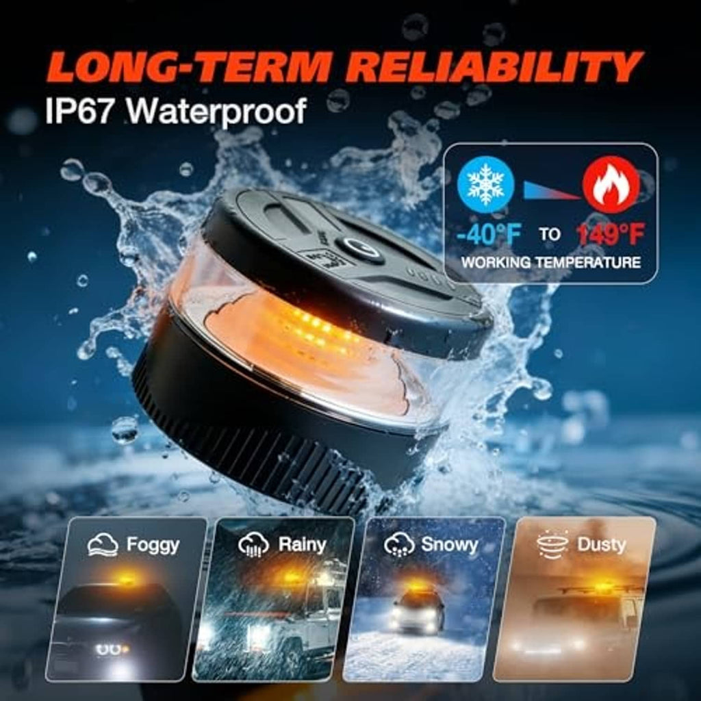 Black beacon light with clear lens, emitting warm amber strobe, water droplets