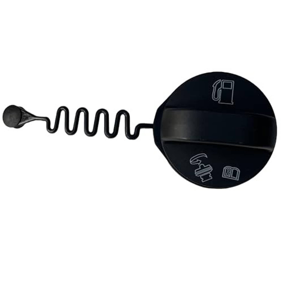 Fuel tank filler cap with tether spring and dark round cap, molded fuel icons