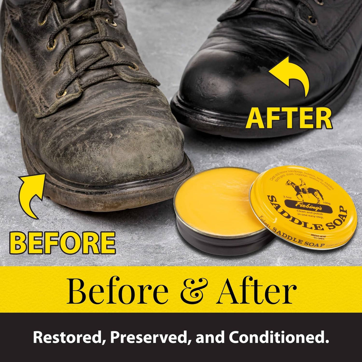 Yellow saddle soap tin in front of worn leather boots labeled before and after