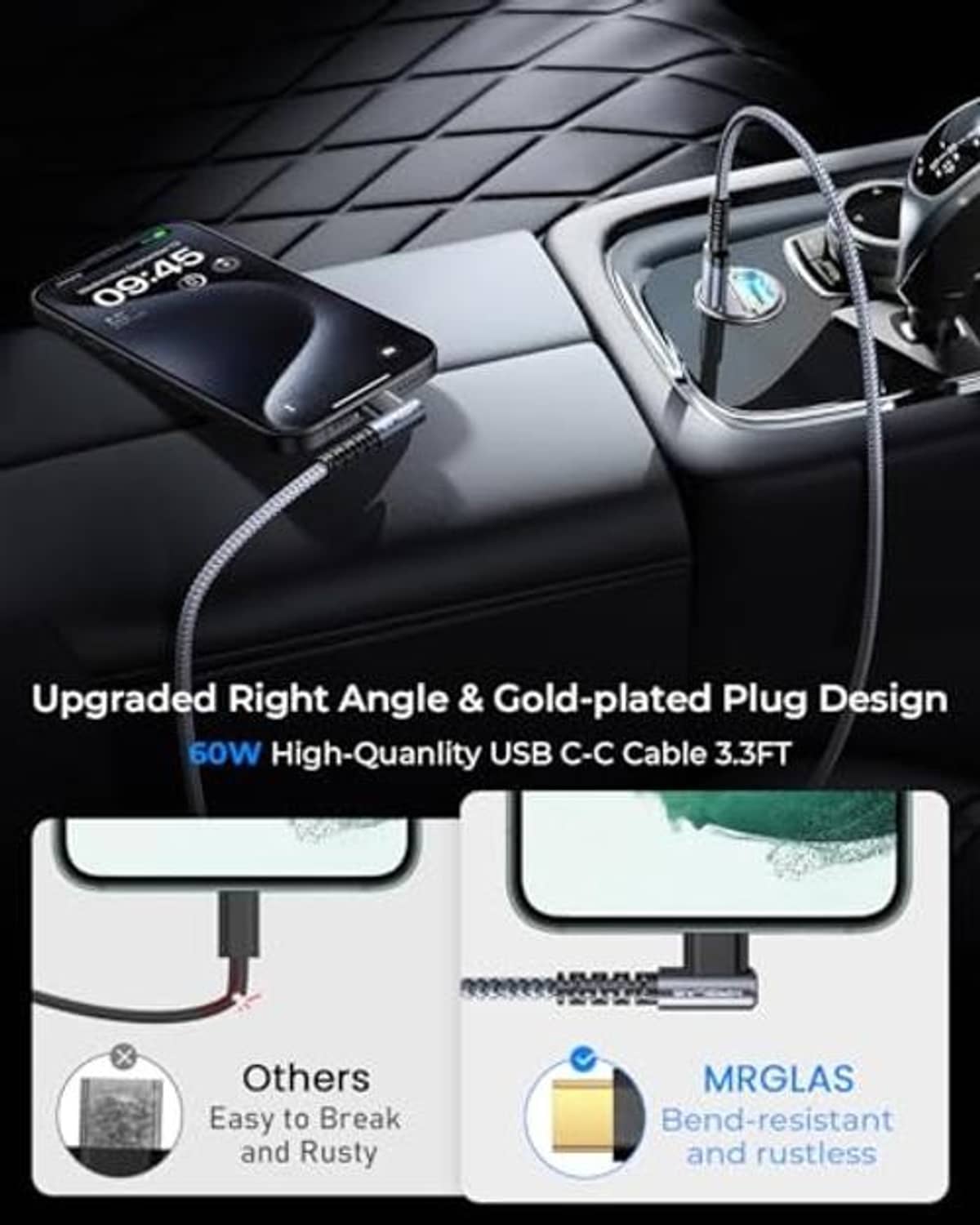 Right-angle USB-C car charger with gold-plated plug and braided Type-C cable, 3.3 ft