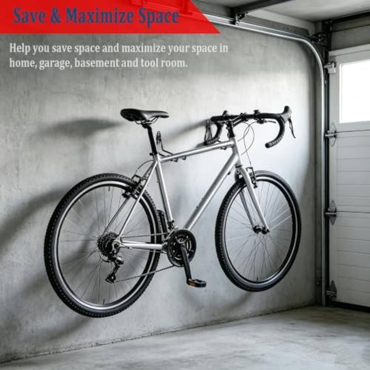 Garage wall with black J-style hooks holding a bicycle and small tools