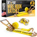 Yellow wire hook ratchet strap with ratchet and metal J-hooks, 2 in x 12 ft set