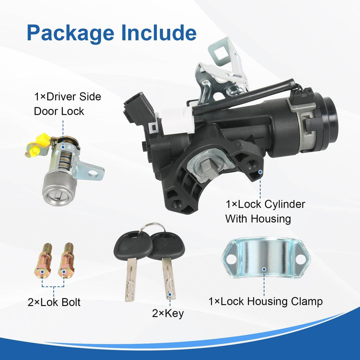 Ignition lock assembly bundle with keys, lock bolt, and lock housing clamp