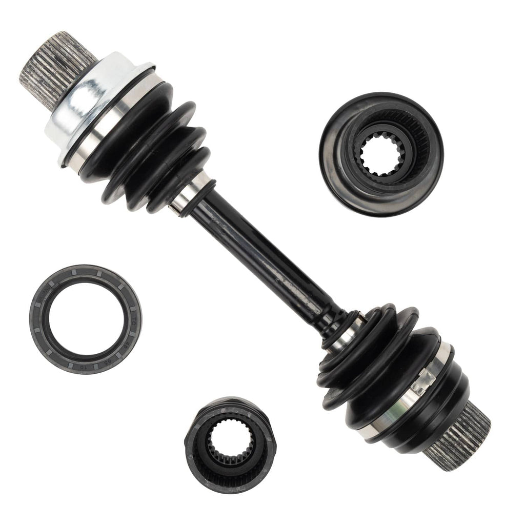 Front differential drive shaft end with splined connector and surrounding rubber seal rings