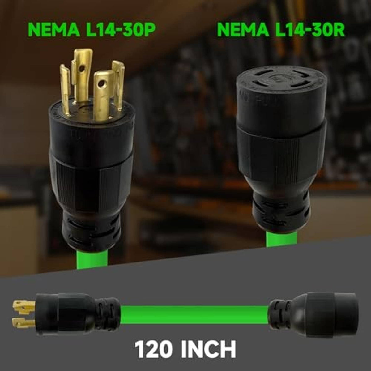 Green extension cord ends with NEMA L14-30R and NEMA L14-30P plugs