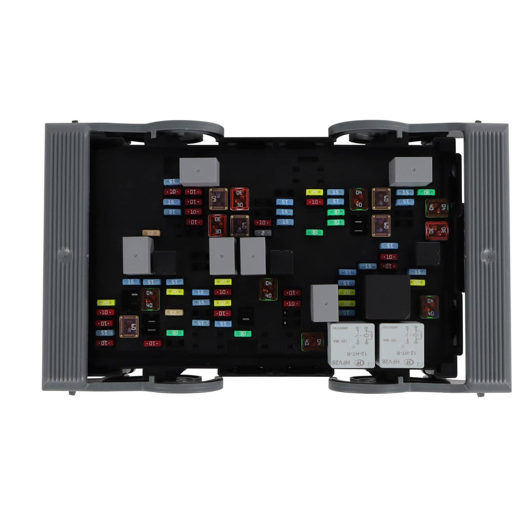 Electrical fuse relay junction block front view with colored fuse positions and white relays