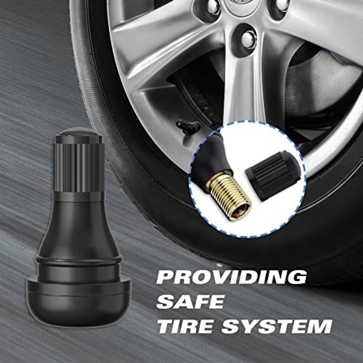 Black tire valve stem installed near wheel rim with brass core and black cap