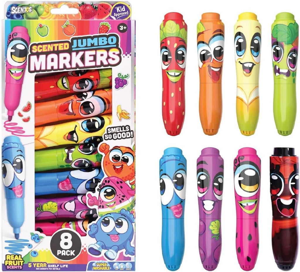 Front view of 8-pack scented jumbo markers with blue, purple, pink, and black markers