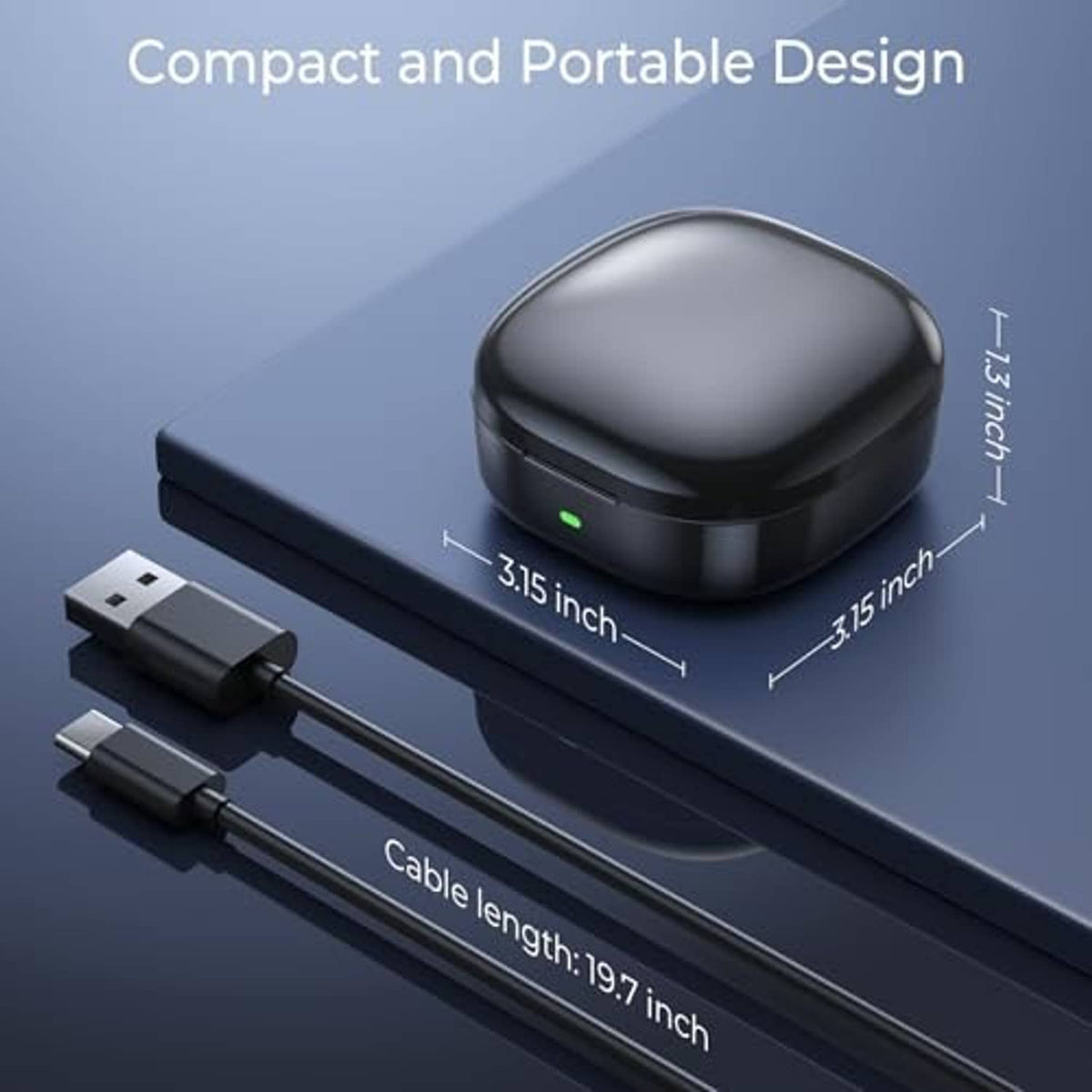 Compact black wireless charging case with green status light and attached cable