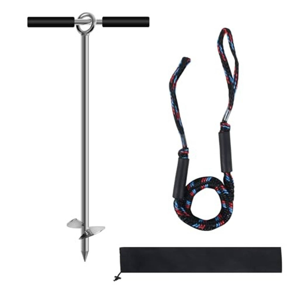 Sand anchor set with screw tip, black grip handles, braided rope loop, and pouch