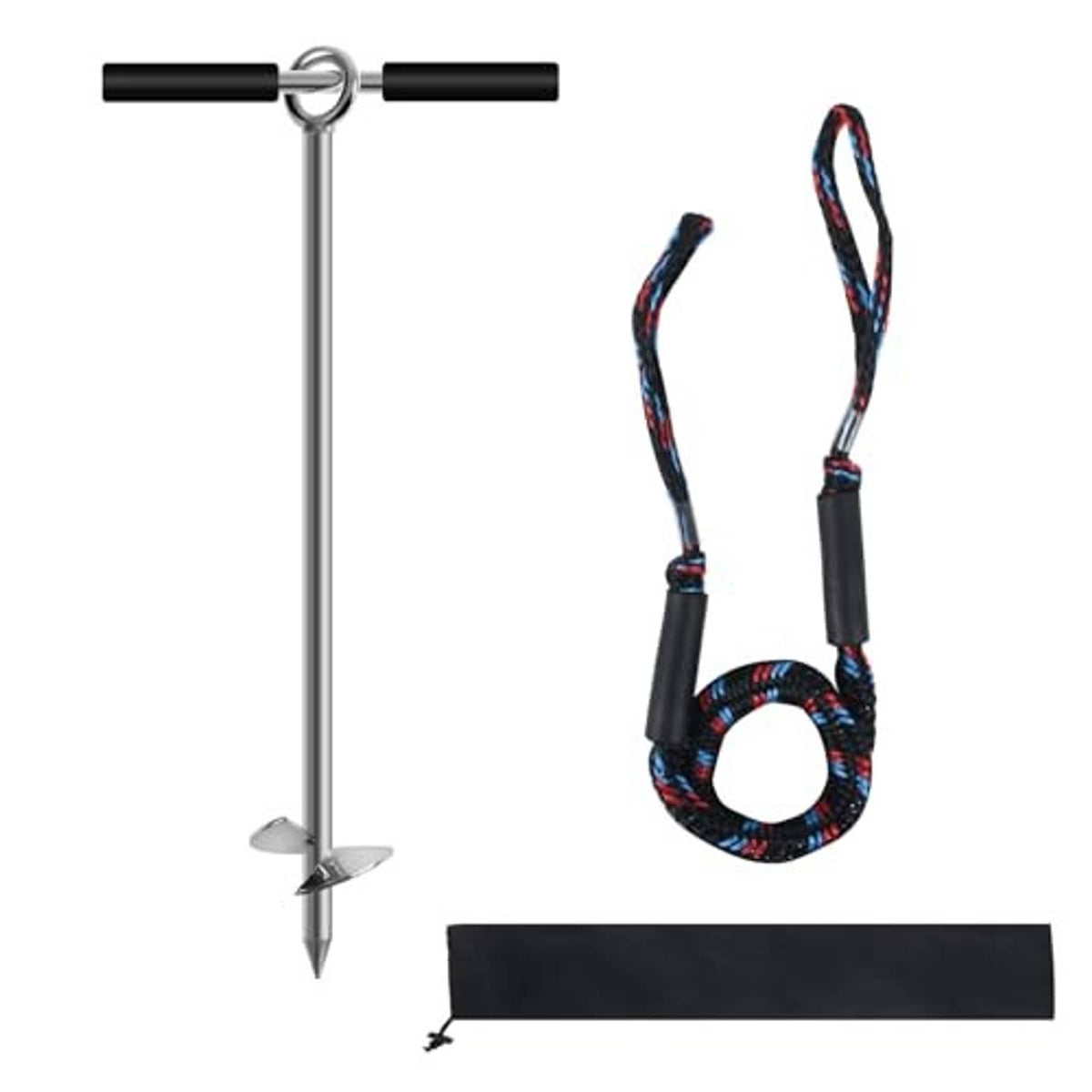Sand anchor set with screw tip, black grip handles, braided rope loop, and pouch