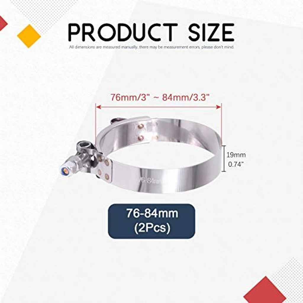 Stainless steel T-bolt clamp size diagram: 76–84mm band diameter and 19mm width