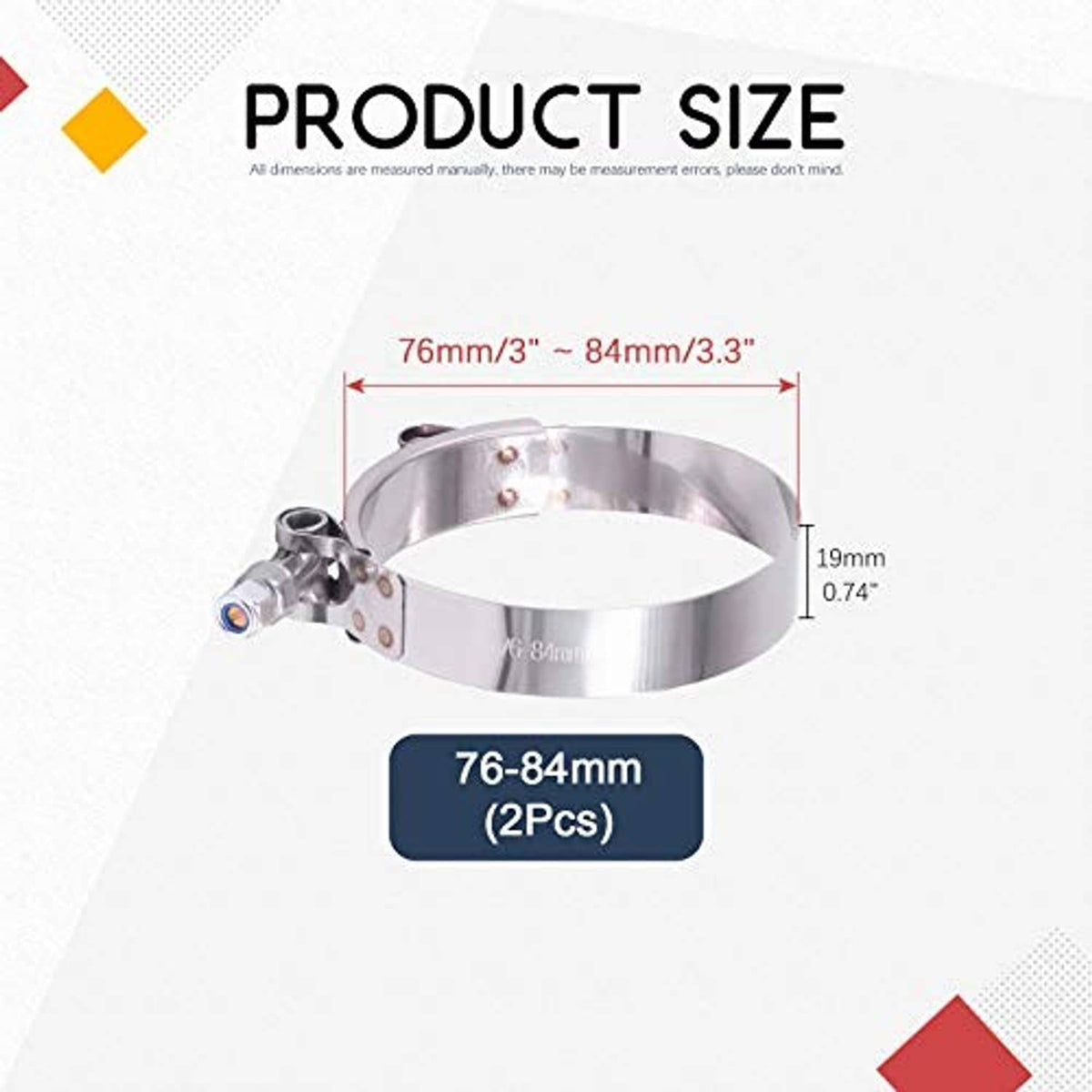 Stainless steel T-bolt clamp size diagram: 76–84mm band diameter and 19mm width