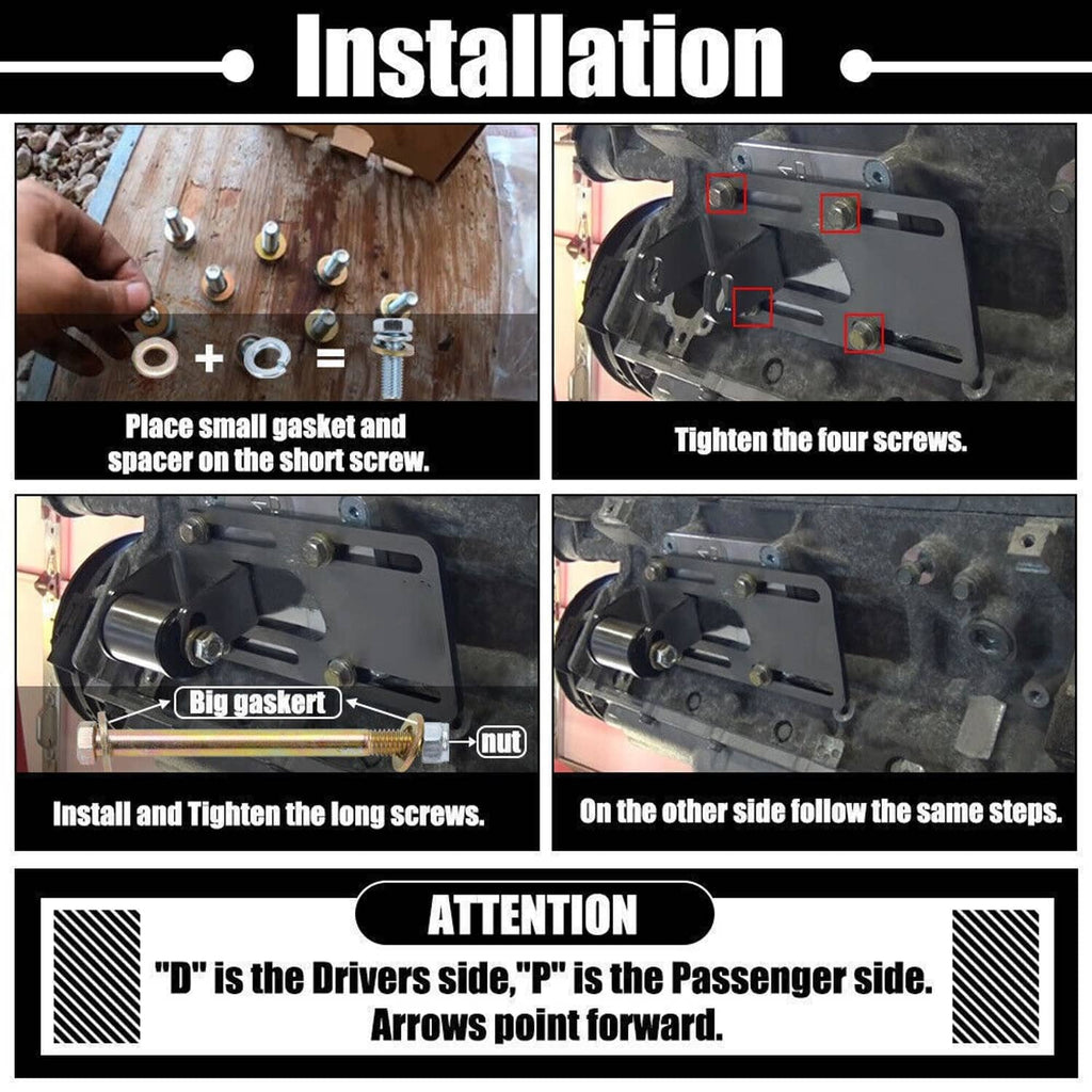 Installation guide showing adjustable engine brackets with screws, nuts, and gaskets