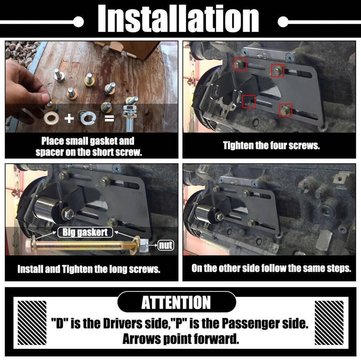 Installation guide showing adjustable engine brackets with screws, nuts, and gaskets