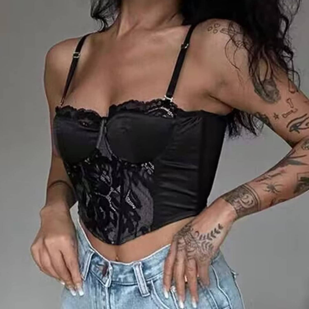 Black satin lace bustier with spaghetti straps and lace cups