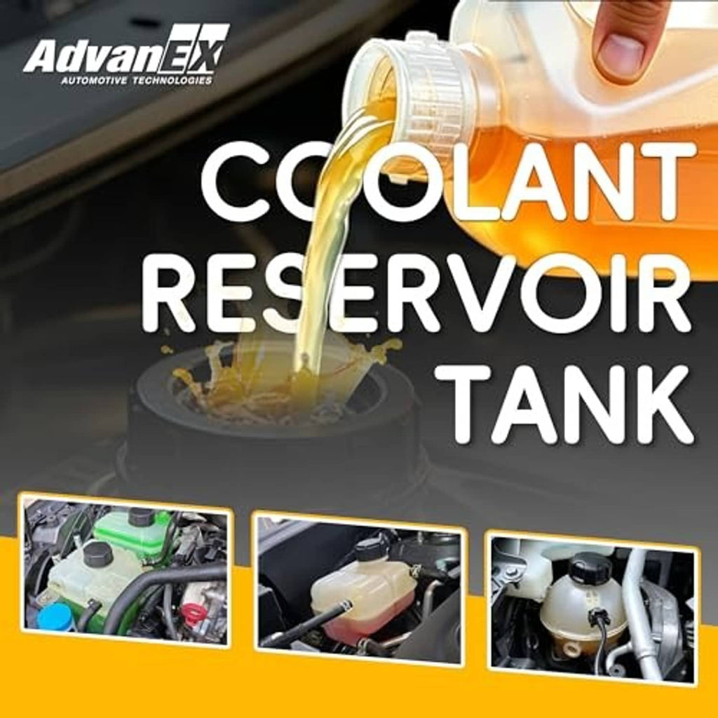 Coolant reservoir tank in engine bay with cap open and coolant being poured